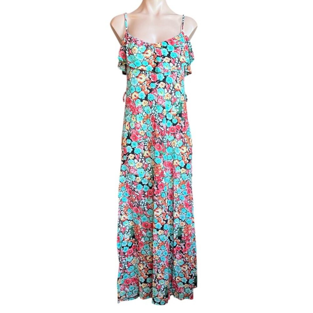 One Clothing Pink and Green Ruffled Tiered Maxi Sundress M